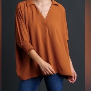 Umgee Women's Terracotta Oversized Blouse With Scrunchie Sleves Size L .